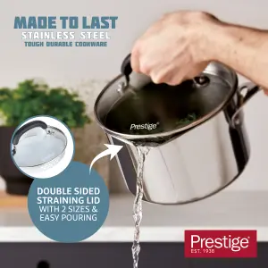 Prestige Made to Last Silver Round Stainless Steel Dishwasher Safe Saucepan with Double Sided Straining Lids 20cm, 2.8L