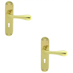 2 PACK - Rounded Flaired Latch & Lock Door Handle - Polished Brass Lever on Backplate