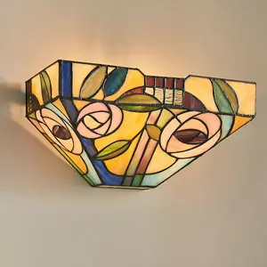 Tiffany Glass Wall Light Multi Colour Mackintosh Rose Shade Interior Sconce