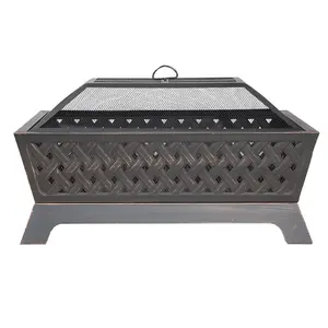 Modern Rectangular Black Fire Pit - Stylish Outdoor Wood Burner with Mesh Lid