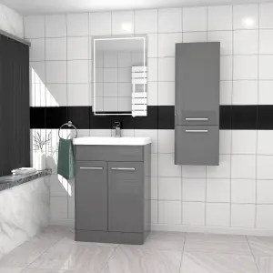 Nes Home 600mm Freestanding Grey Basin Vanity & 350mm Wall Hung Tall Cabinet Set