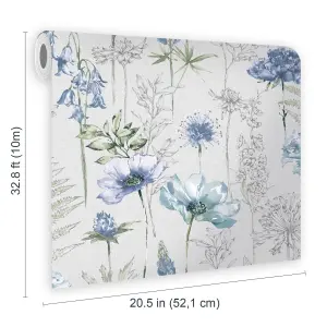 Fresco Floral Sketch Blue Wallpaper