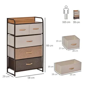 HOMCOM Closet Dresser, Dresser Tower With 5 Linen Fabric Drawers Steel Frame