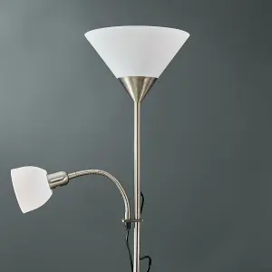 ValueLights Mozz Modern Brushed Chrome 2 Way Mother/Father Parent & Child Uplighter and Spotlight Design Floor Lamp