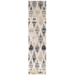 Navy Blue Beige Distressed Diamond Trellis Soft Runner Rug 60x240cm