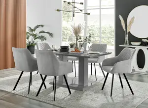 Imperia Grey High Gloss 6 Seater Dining Table with Structural 2 Plinth Column Legs Light Grey Fabric Black Leg Falun Chairs