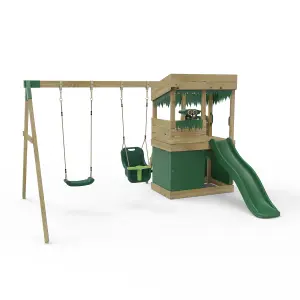 Rebo Wooden Lookout Tower Playhouse Climbing Frame with 6ft Slide & Swings - Zion