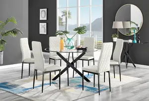 Furniturebox UK Novara Black Leg 120cm Round Glass Dining Table & 6 Cream Velvet Milan Black Leg Chairs