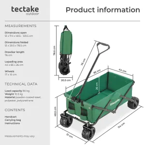 Garden Trolley - foldable with wide wheels, 2 pockets, transport bad, 80 kg capacity - green