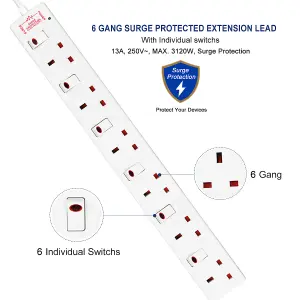 Extrastar 6 Gang Individually Switched Surge-Protected Extension Lead 5m White, 13A