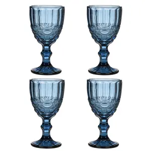 Set of 4 Vintage Luxury Sapphire Blue Drinking Wine Glass Wine Goblets 350ml