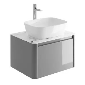 Mayfair Gloss Light Grey Wall Hung Bathroom Vanity Unit with White Marble Countertop (W)650mm (H)406mm