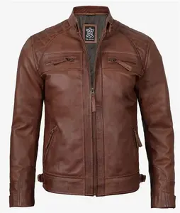 Distressed Brown Leather Jacket | Mens Biker Premium Quilted Jacket