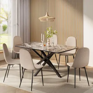 VonHaus Dining Chairs Set of 4, Beige Kitchen Chairs with Black Metal Legs, Cord Effect Chairs for Dining