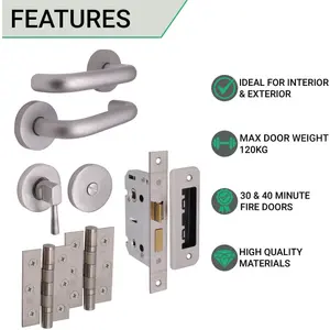 AFIT Satin Aluminium Return To Door Lever on Rose Handle Bathroom Lock Kit 76mm Hinges