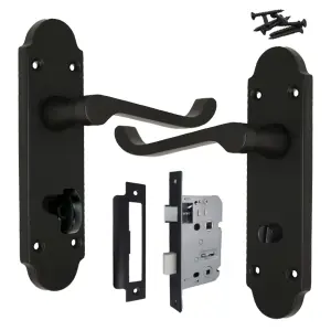 Epsom Door Handle Bathroom Lock Scroll Lever - Matt Black Pack