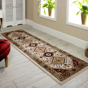 Traditional Persian Bordered Floral Cream Geometric Wool Rug for Living Room and Bedroom-80cm X 150cm