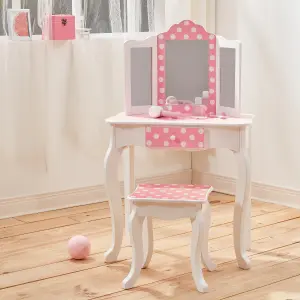 Teamson Kids Dressing Table, Play Vanity Set with Mirror & Stool - Pink/White/Polka Dots