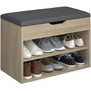 Shoe Rack Jasmina - bench with cushion, 2 shelves for 6 pairs of shoes, hinged lid - Wood light, oak Sonoma