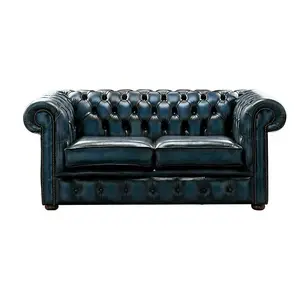 Chesterfield 2 Seater Antique Blue Real Leather Sofa Settee Bespoke In Classic Style