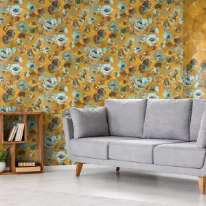 Galerie Julie Feels Home Blue/Gold Large Paeonia Shimmery Flowers Wallpaper Roll