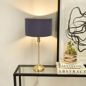 ValueLights Maggie Gold Metal Candlestick Slim Table Lamp with Navy Blue Fabric Drum Lamp Shade and LED Bulb