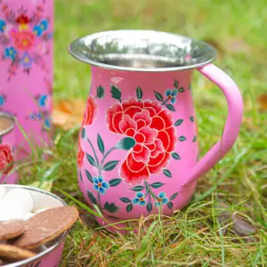 BillyCan Hand-Painted Picnic Water Jug with 400ml Cups - 1.7L - Raspberry Peony