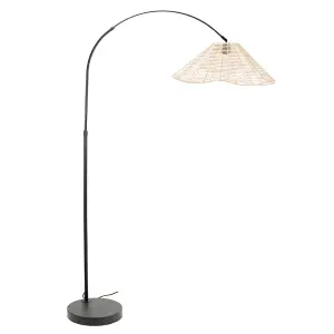 ValueLights Louis Black Arched Curved Floor Lamp with Natural Wicker Tapered Lamp Shade and LED Bulb