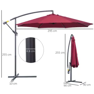 Outsunny 3(m) Garden Banana Parasol Cantilever Umbrella Crank, Wine Red