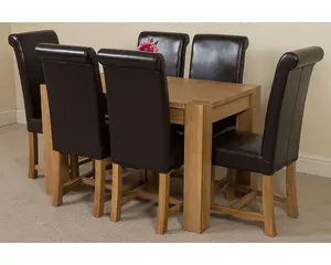 Kuba 125 x 80 cm Chunky Oak Small Dining Table and 6 Chairs Dining Set with Washington Brown Leather Chairs