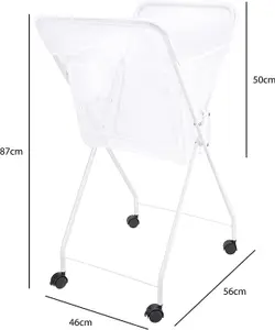 No Bend Laundry Basket on Wheels - Lightweight Foldable Washing Trolley, Holds up to 14KG, White, H87 x W56 x D46cm