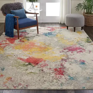 Ivory/Mult Modern Easy to Clean Abstract Graphics Rug For Dining Room-66 X 229cm (Runner)