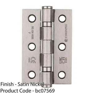 PAIR Grade 7 Ball Bearing Hinge - 76 x 51mm Satin Nickel Interior Door Fixing