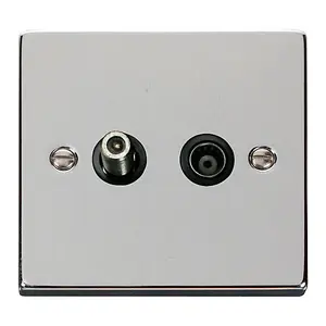 Polished Chrome Satellite & Coaxial Socket 1 Gang - Black Trim - SE Home