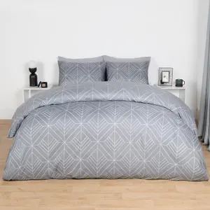 Geo Duvet Cover Bedding Set Pillowcase Reversible Art Deco Quilt, Grey - Single