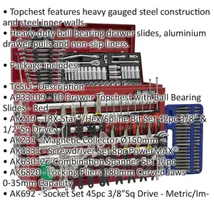 Versatile 10 Drawer Tool Chest with 140 Piece Tool Kit and Ball Bearing Slides - Red