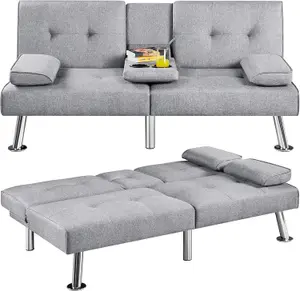 Astro Grey Fabric Sofa Bed - Chrome Legs-Cup holders, 3-Seater Multipurpose Couch/ Sofa