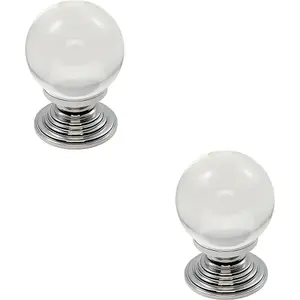 2x Crystal Ball Cupboard Door Knob 30mm Diameter Clear Translucent & Chrome