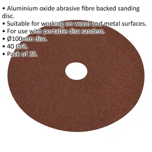 25 Pack 100mm Aluminium Oxide Sanding Discs - 40 Grit for Wood and Metal