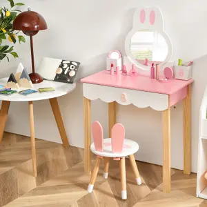 Costway 2-in-1 Kids Vanity Set Study Table & Chair Set w/ Mirror & Drawers