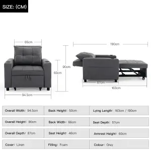 Hudson 1-Seater Sofa Bed Linen Fabric With Cup Holders Grey