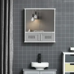 kleankin Bathroom Mirror Cabinet Wall Mount Storage Unit Double Doors, Grey