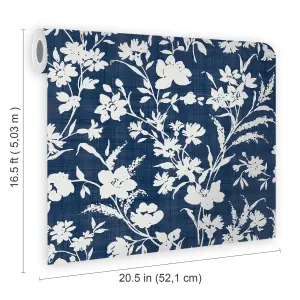 Laura Ashley Rye Blue Floral Smooth Wallpaper