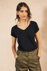 Womens Next Black V-Neck 100% Cotton Rich Cap Sleeve T-Shirt - Black