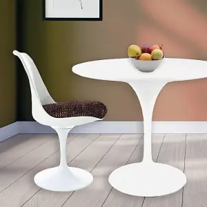 Tulip Set - White Medium Circular Table and Two Chairs with Textured Cushion Brown