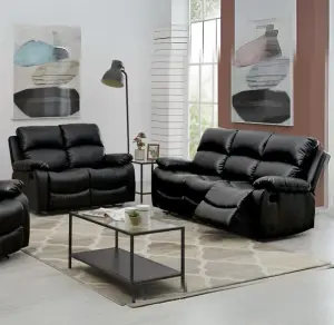 Black Bonded Leather Manual Recliner 2 & 3 Seater Sofa Set