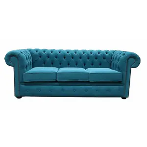 Chesterfield 3 Seater Sofa Cantare Teal Blue Easy Clean Fabric In Classic Style