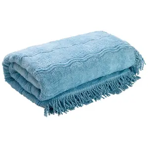 Blue Candlewick Bedspread - Soft & Lightweight 100% Cotton Bedding with Wave Design & Fringed Edges - Size King, 230 x 220cm