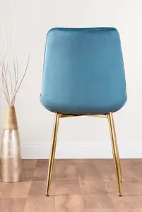 Adley Grey Concrete Effect And Black Round Dining Table with Storage Shelf and 4 Blue Velvet Gold Leg Pesaro Dining Chairs