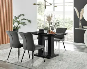 Furniturebox Imperia 4 Modern Black High Gloss Dining Table and 4 Dark Grey Nora Black Leg Chairs